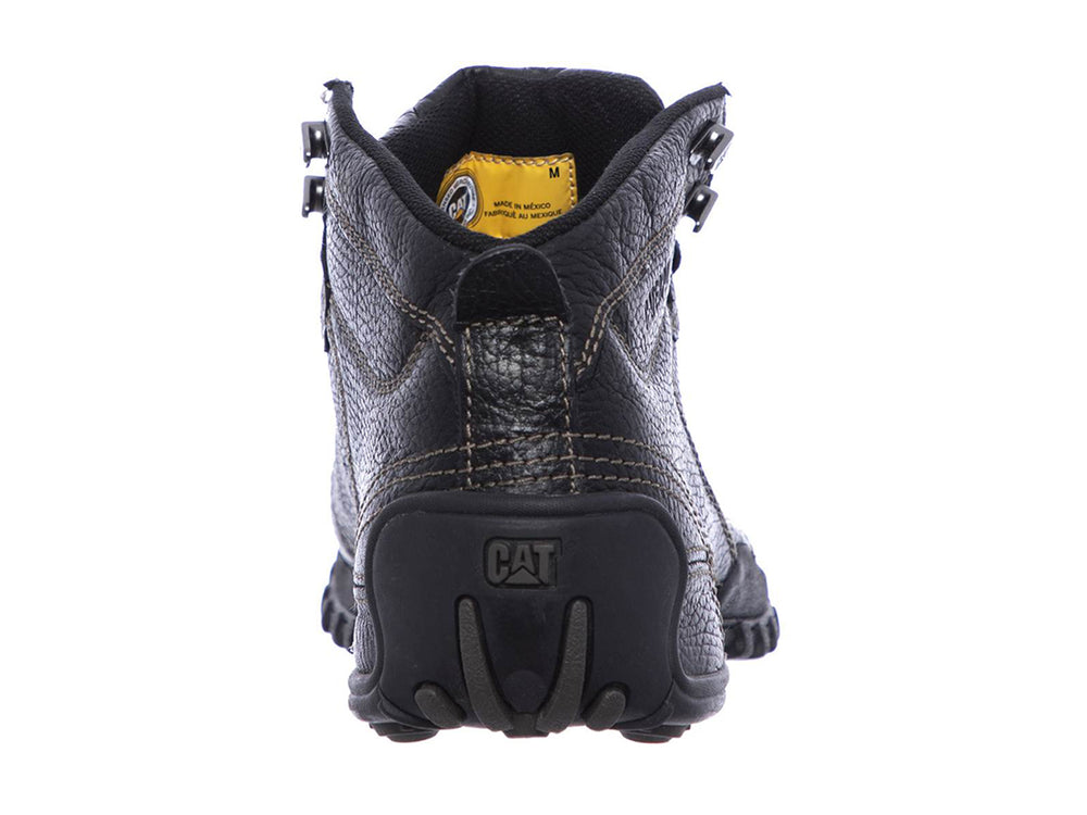 Botín Caterpillar de cuero negro con costuras cafés y suela robusta para hombre.