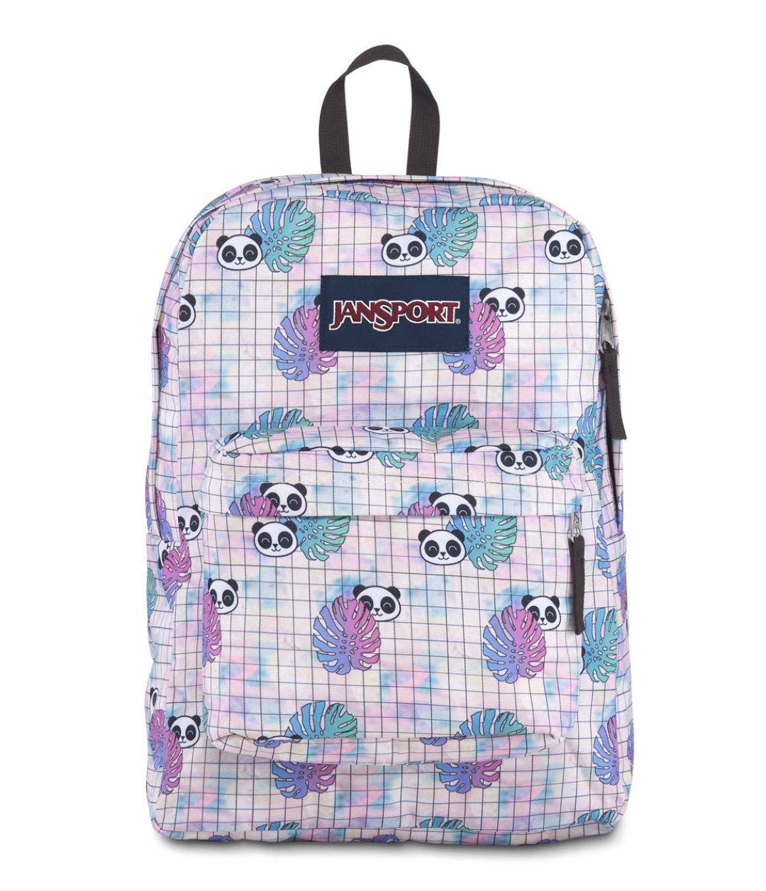 Mochila JanSport SuperBreak multicolor con estampado de pandas y hojas en tonos pastel.