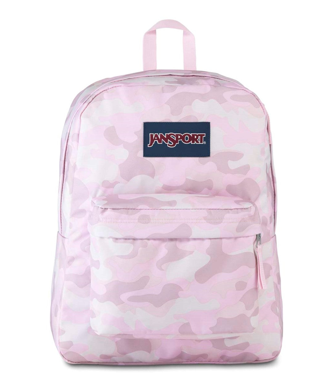 Mochila escolar JanSport en color rosa con estampado de camuflaje y bolsillo frontal.