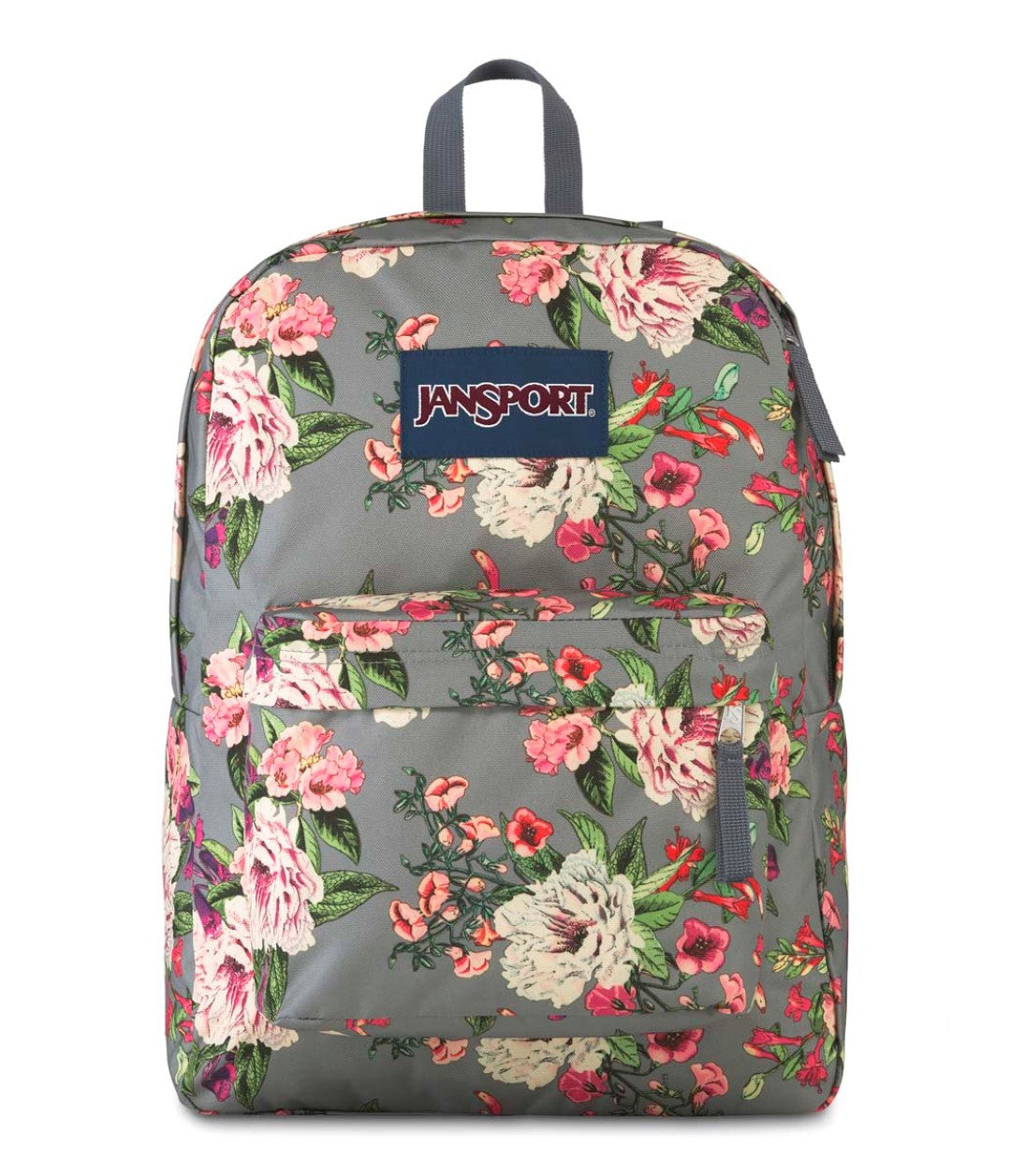 Mochila escolar JanSport color gris con estampado floral en tonos rosa y blanco.