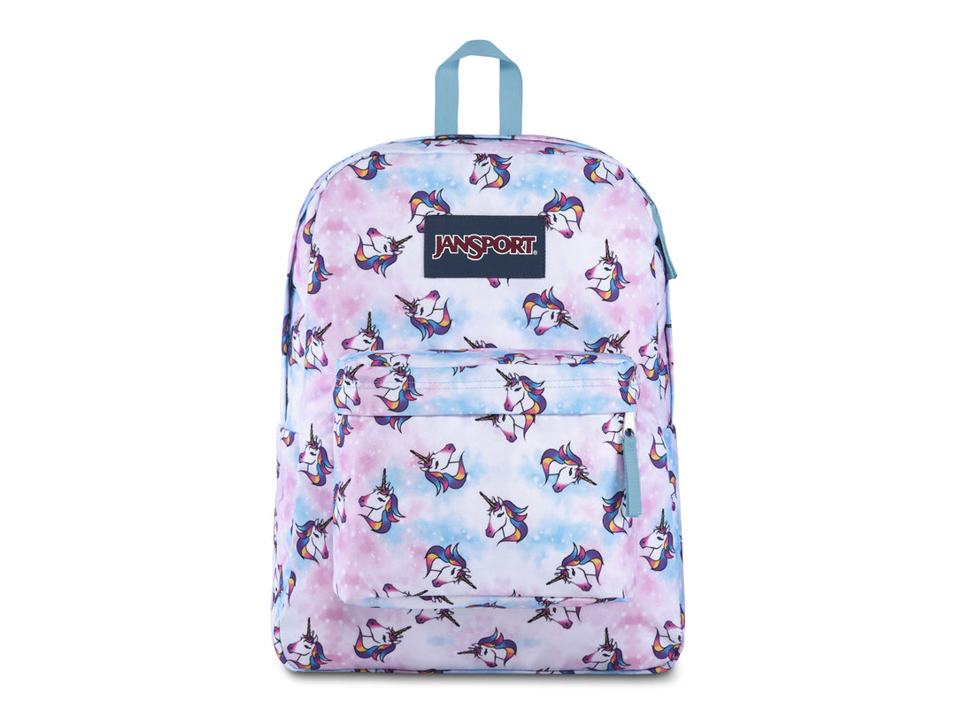 Mochila JanSport Superbreak con estampado de unicornios en tonos rosa, azul y morado sobre fondo blanco.