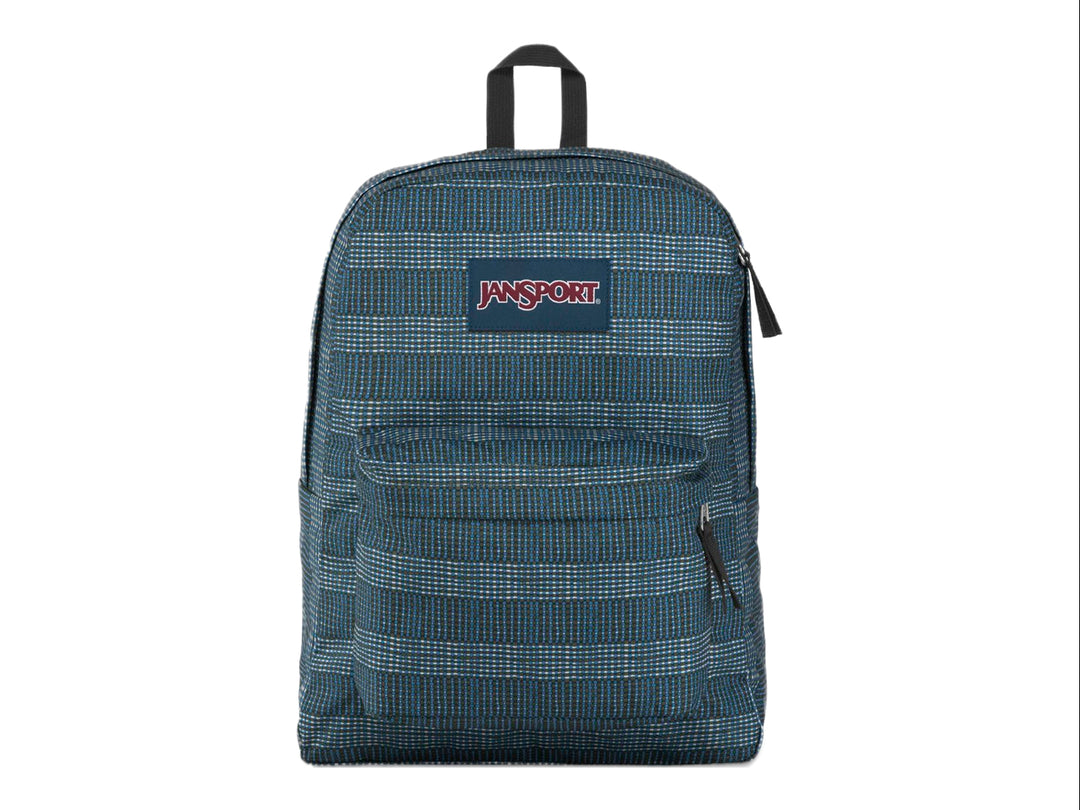 Mochila JanSport Superbreak en color azul con estampado de rayas blancas horizontales y bolsillo frontal.