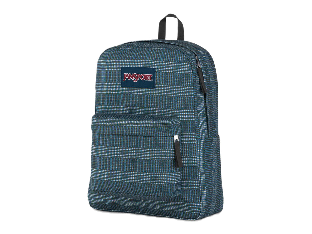 Mochila JanSport Superbreak en color azul con estampado de rayas blancas horizontales y bolsillo frontal.