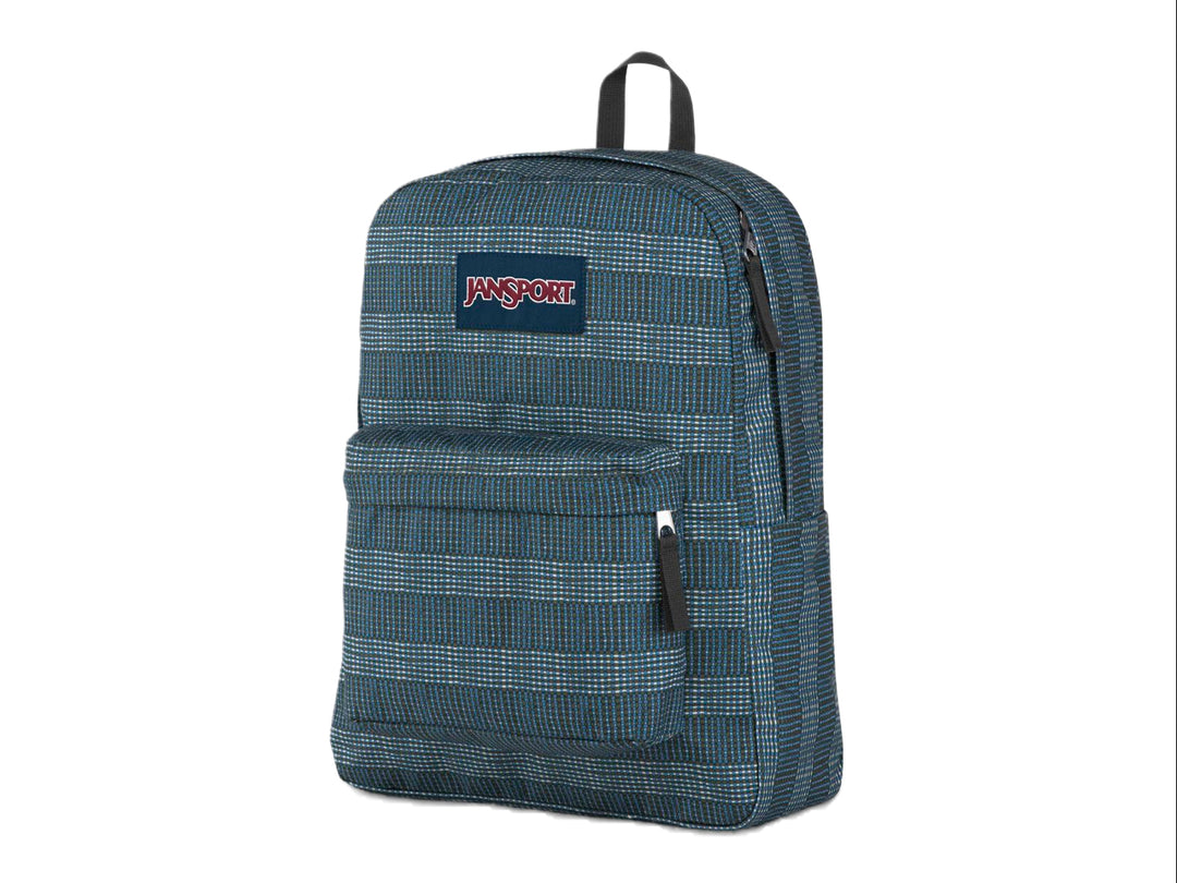 Mochila JanSport Superbreak en color azul con estampado de rayas blancas horizontales y bolsillo frontal.