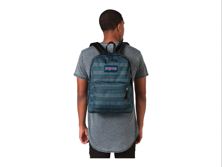 Mochila JanSport Superbreak en color azul con estampado de rayas blancas horizontales y bolsillo frontal.