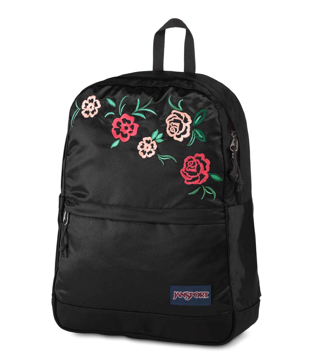 Mochila escolar JanSport color negro con bordados de flores rojas y verdes en la parte superior.