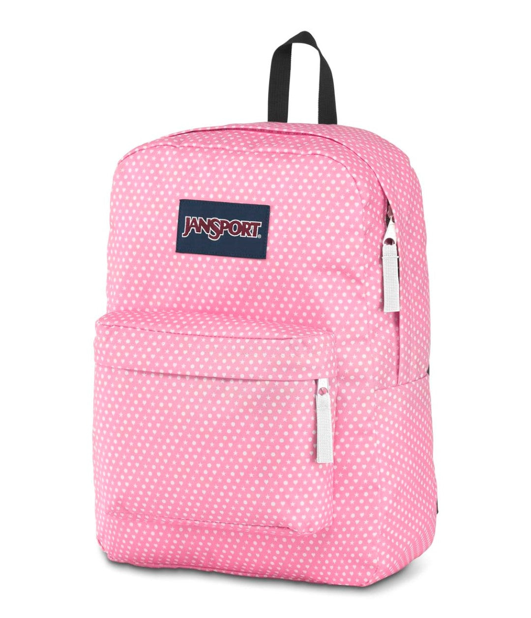 Mochila escolar JanSport color rosa con estampado de lunares blancos y asa superior negra.