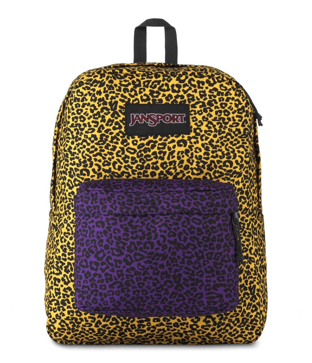 Mochila JanSport SuperBreak con estampado de leopardo en colores amarillo y morado.