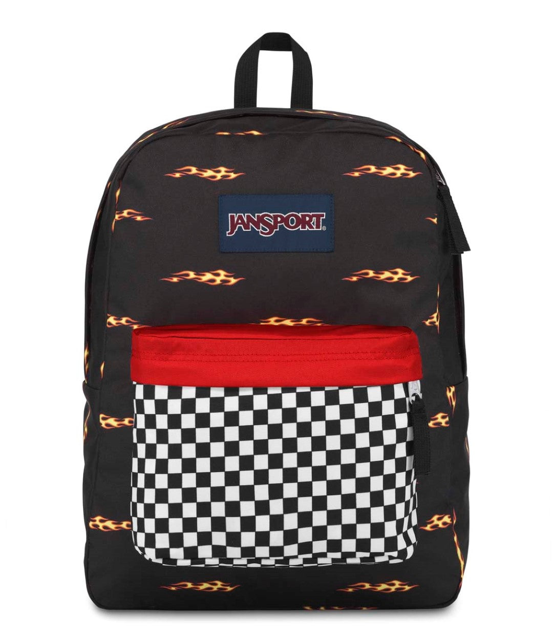 Mochila JanSport negra con estampado de llamas, bolsillo frontal a cuadros blancos y negros y franja roja.