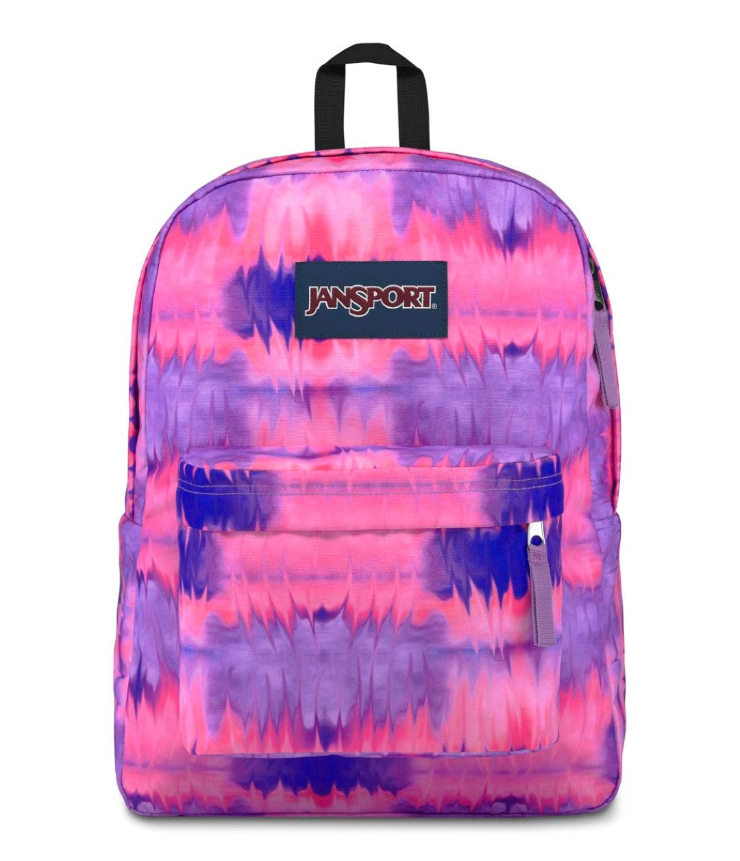 Mochila JanSport SuperBreak con estampado multicolor en tonos rosa y morado.