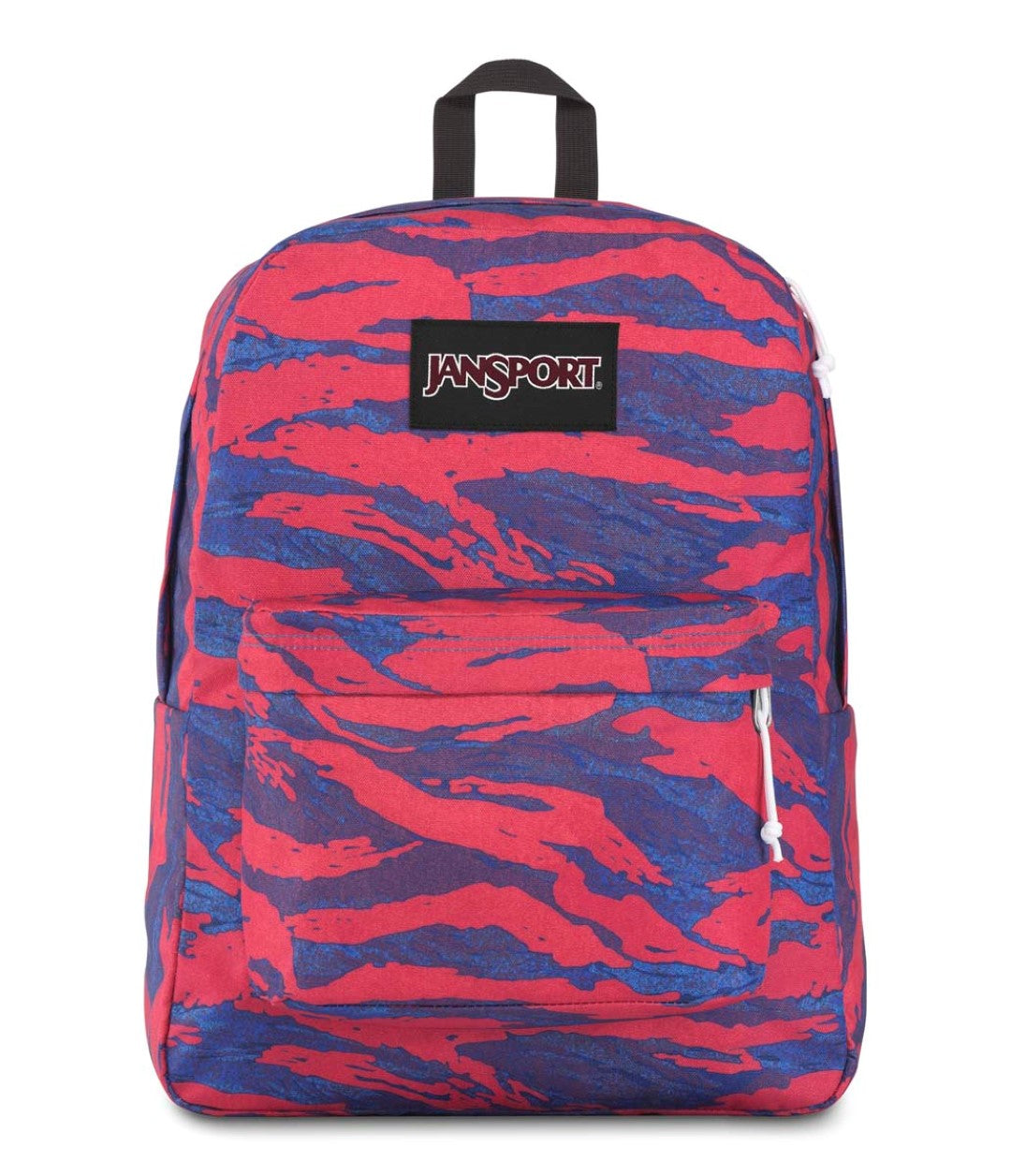 Mochila JanSport SuperBreak con estampado de camuflaje en colores rojo y azul.