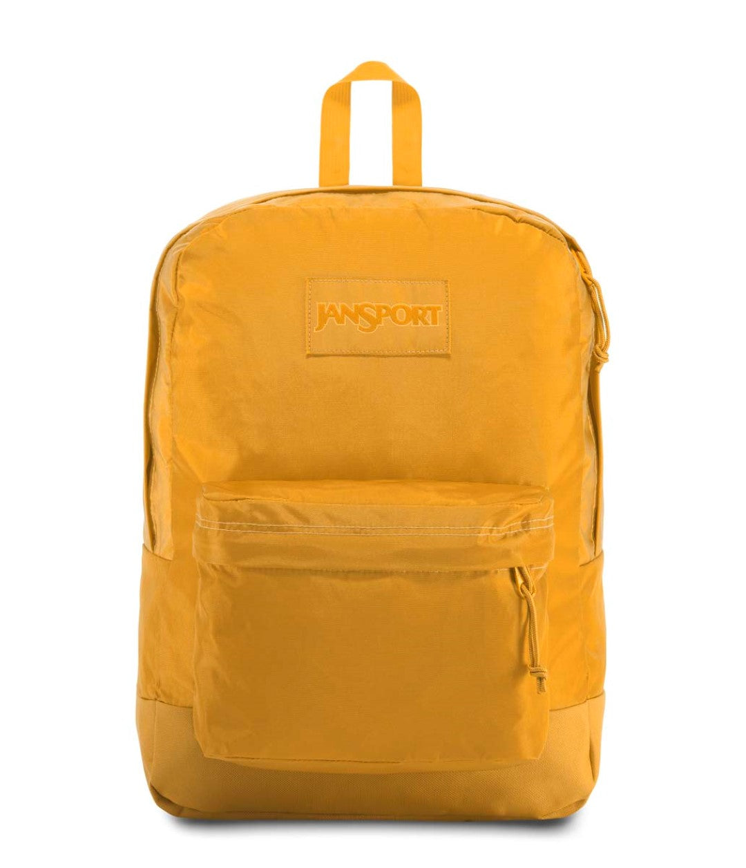 Mochila escolar JanSport color mostaza con un bolsillo frontal y asa superior sobre fondo blanco.