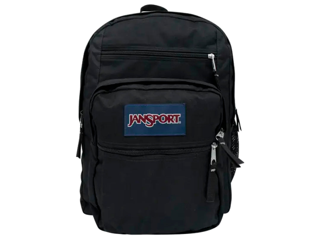 Mochila escolar JanSport de color negro con bolsillos frontales y logotipo azul.