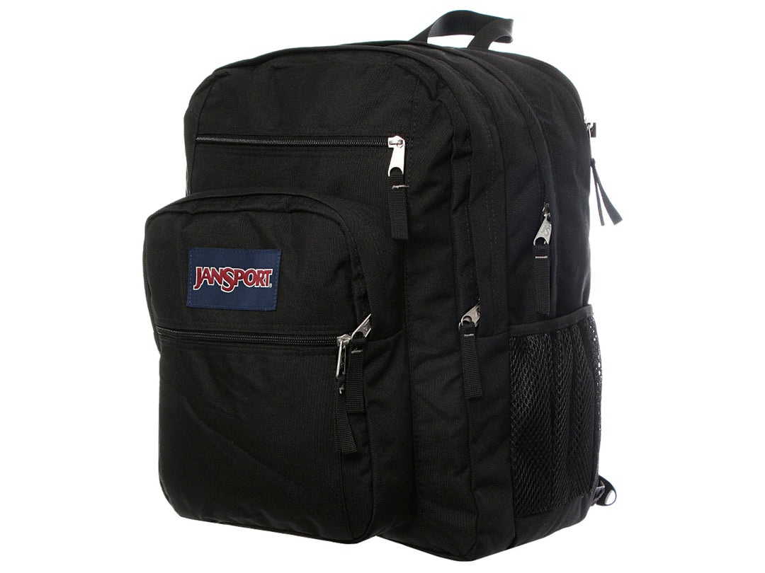 Mochila escolar JanSport de color negro con bolsillos frontales y logotipo azul.