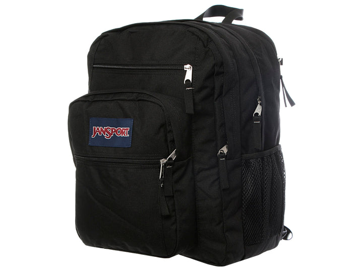 Mochila escolar JanSport de color negro con bolsillos frontales y logotipo azul.