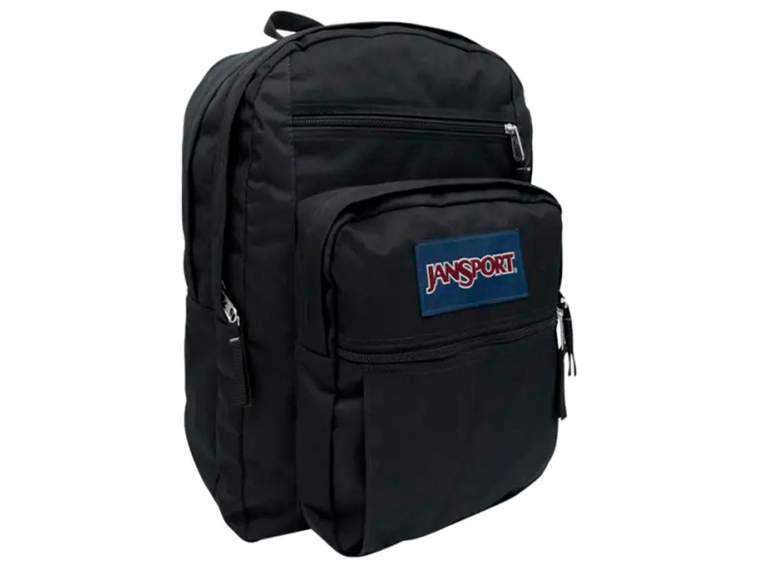 Mochila escolar JanSport de color negro con bolsillos frontales y logotipo azul.