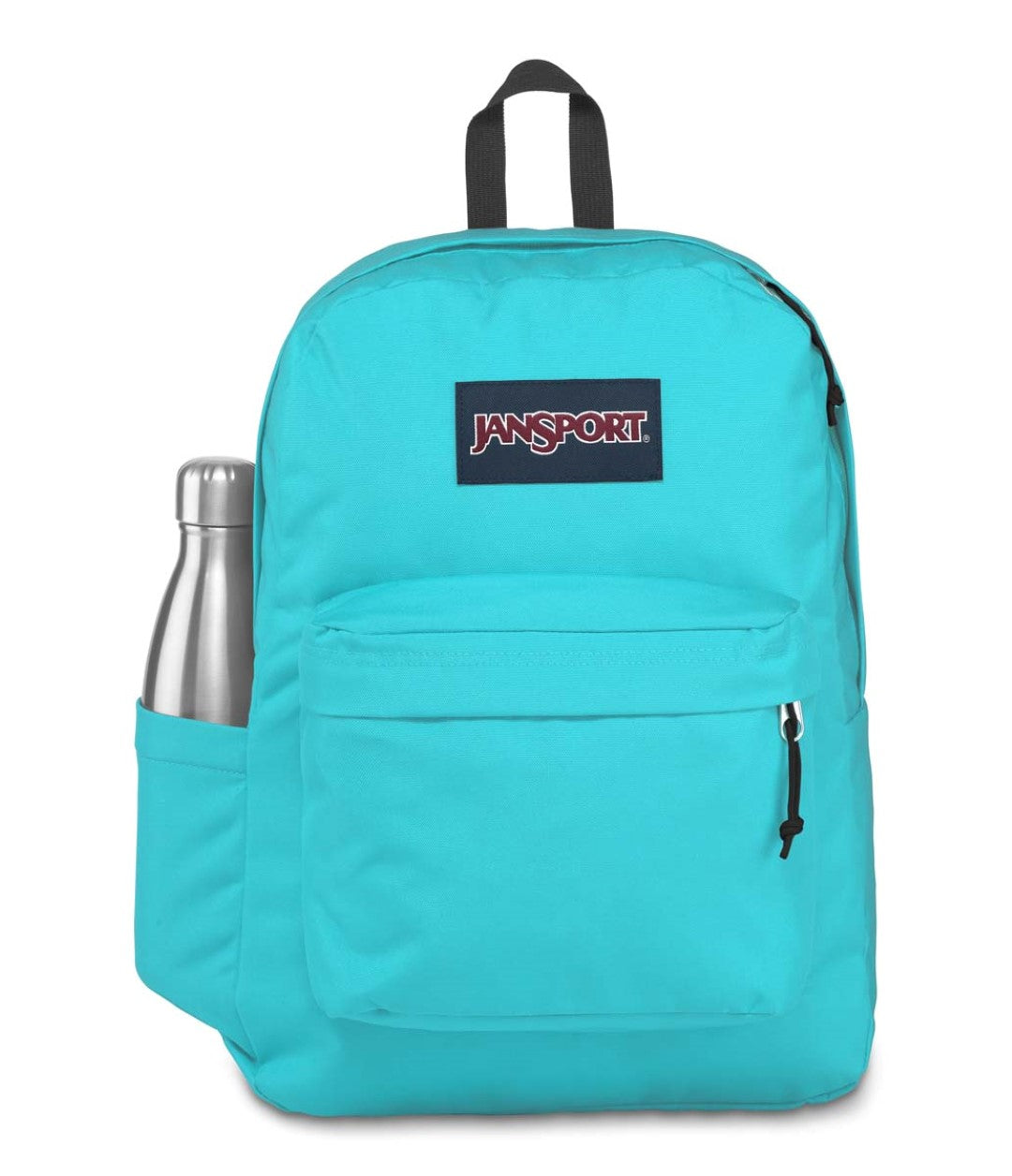 Mochila escolar JanSport SuperBreak color azul pavo real con bolsillo frontal y asa superior negra.