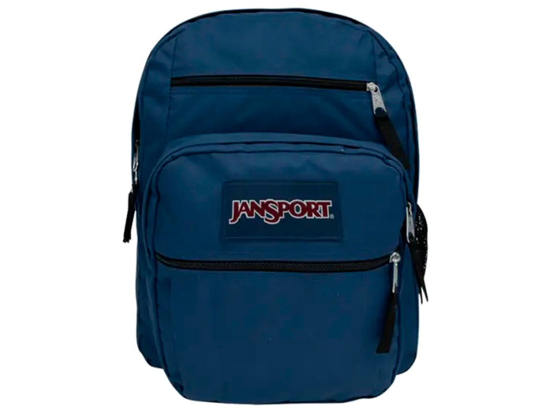 Mochila escolar JanSport Big Student en color azul marino con bolsillo frontal y logotipo.