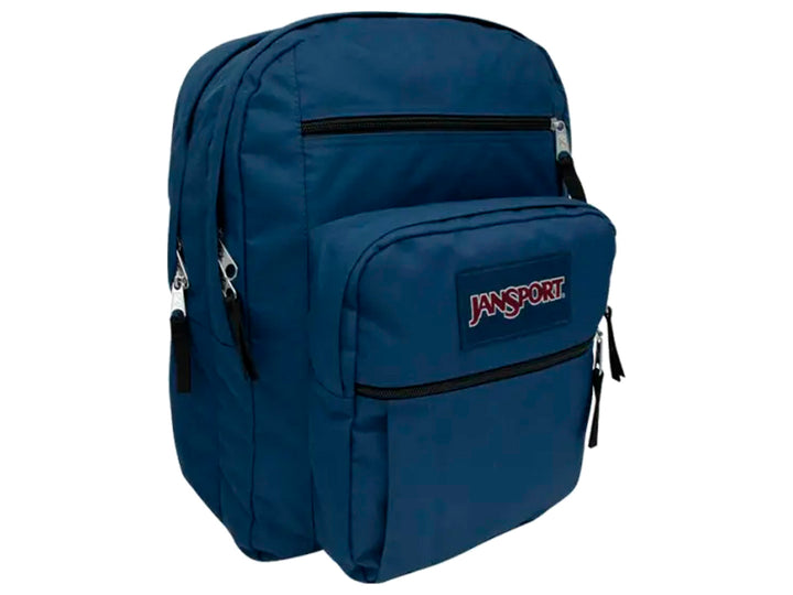 Mochila escolar JanSport Big Student en color azul marino con bolsillo frontal y logotipo.