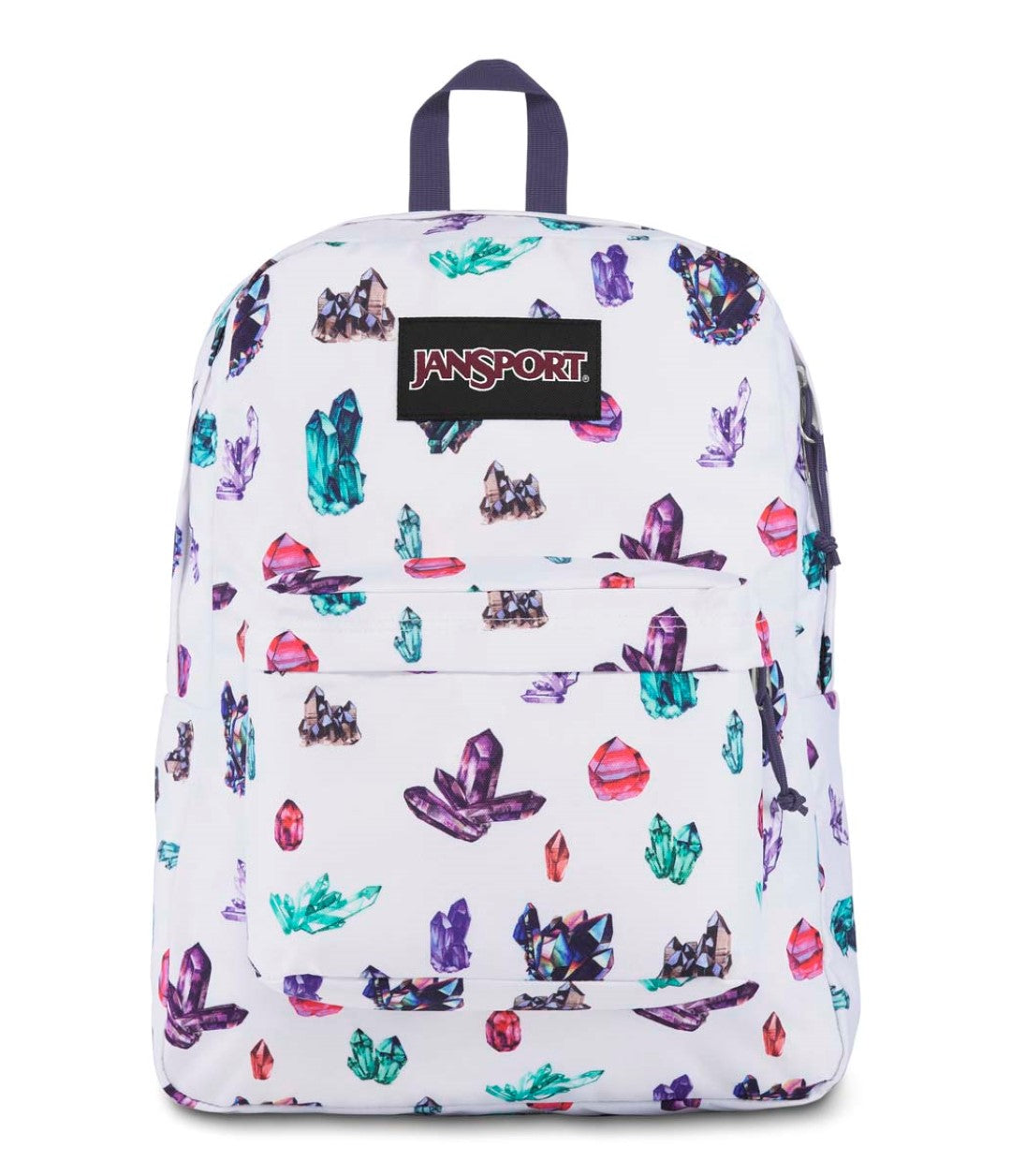 Mochila JanSport blanca con estampado de cristales coloridos en tonos púrpura, turquesa y rosa.