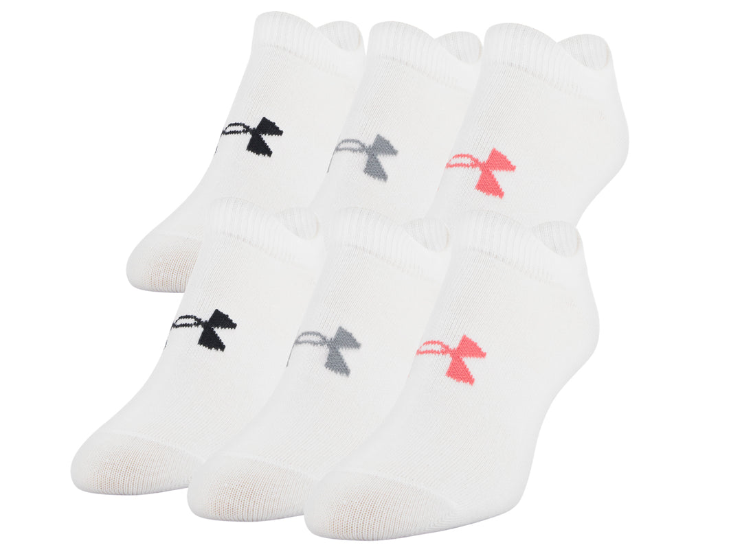 Paquete de 6 calcetines deportivos cortos Under Armour en color blanco con logos en negro, gris y sandía.