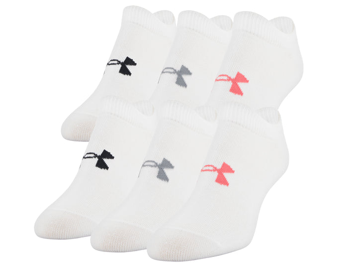 Paquete de 6 calcetines deportivos cortos Under Armour en color blanco con logos en negro, gris y sandía.