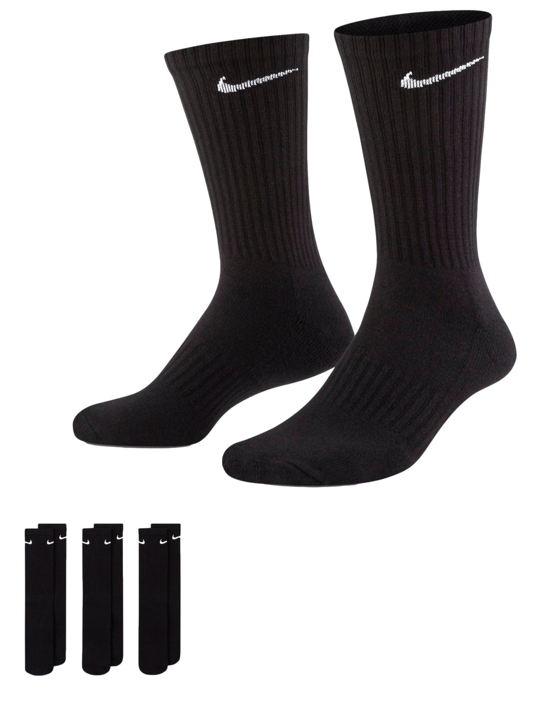 Calcetines Nike color negro con logotipo blanco, presentados en pack de tres pares.