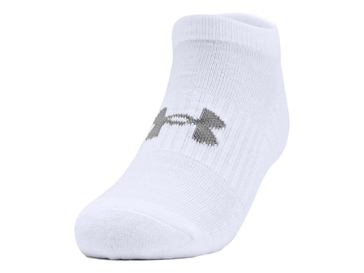 Calcetín deportivo Under Armour de color blanco con logotipo en gris acero.