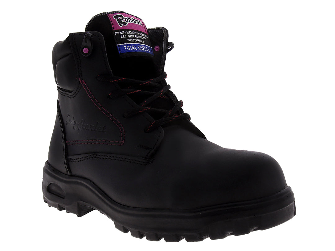 Botas de seguridad Rombar color negro para mujer con detalles de costuras en color rosa.