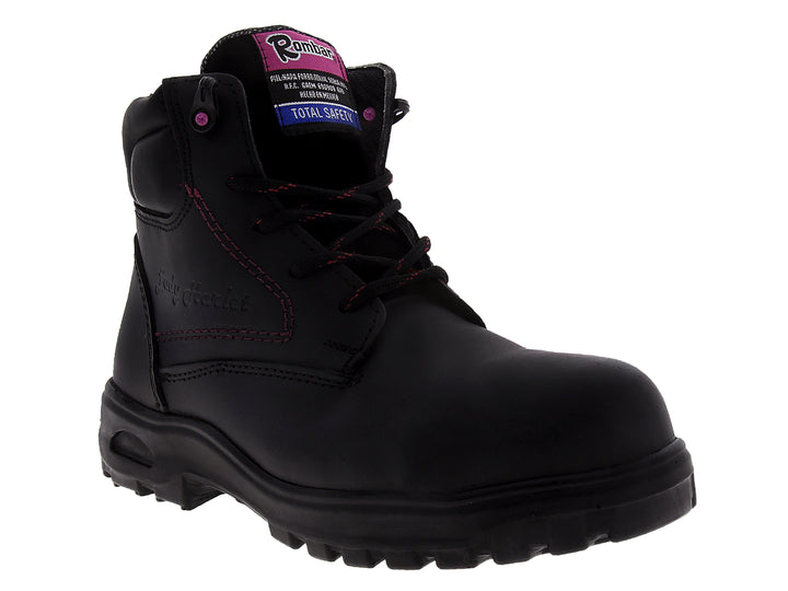 Botas de seguridad Rombar color negro para mujer con detalles de costuras en color rosa.