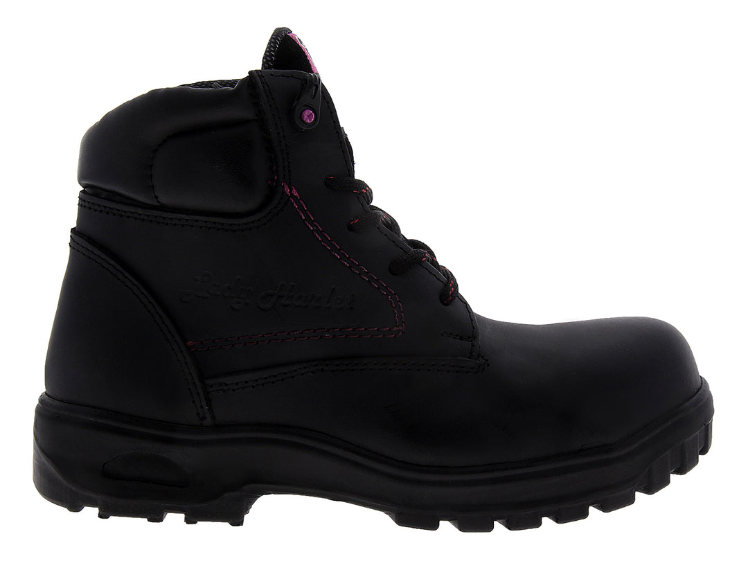 Botas de seguridad Rombar color negro para mujer con detalles de costuras en color rosa.
