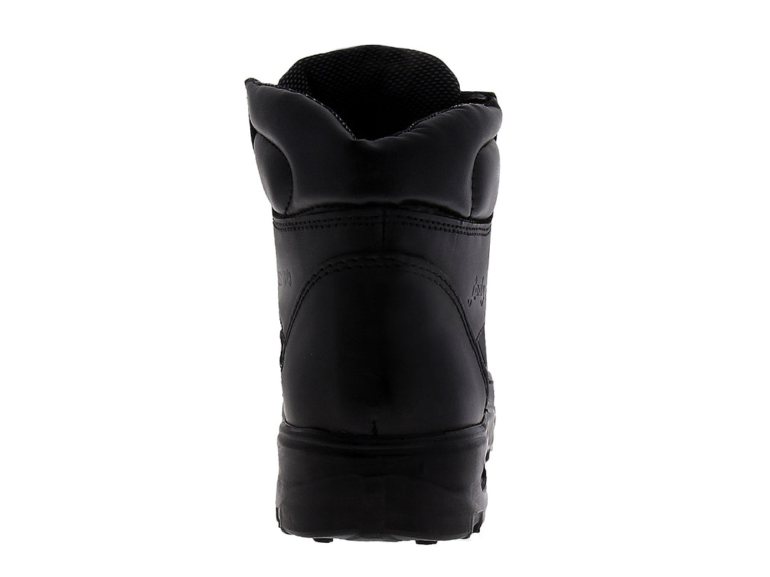 Botas de seguridad Rombar color negro para mujer con detalles de costuras en color rosa.