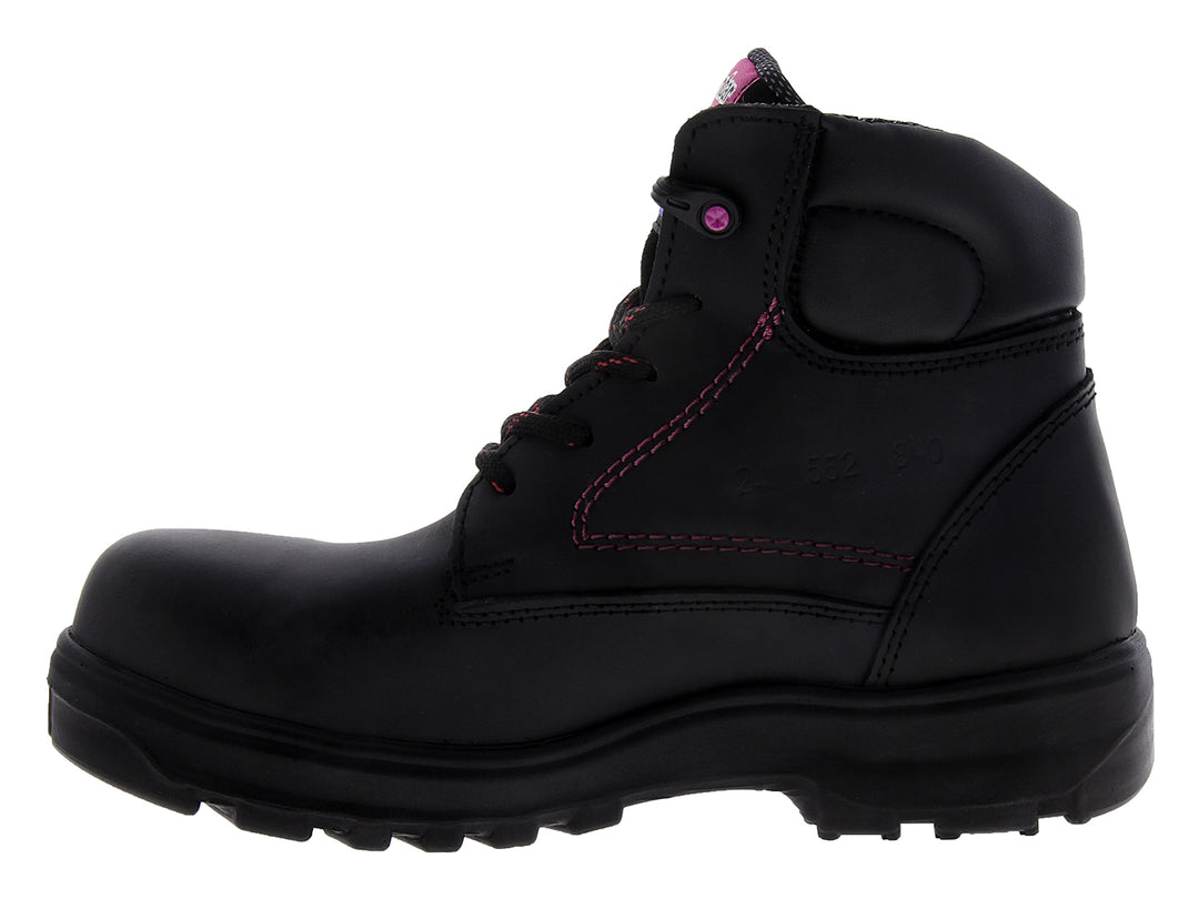 Botas de seguridad Rombar color negro para mujer con detalles de costuras en color rosa.