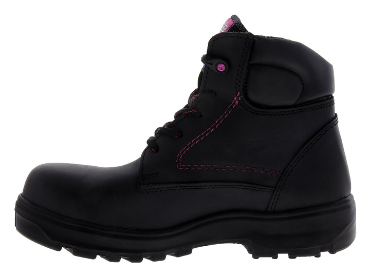 Botas de seguridad Rombar color negro para mujer con detalles de costuras en color rosa.