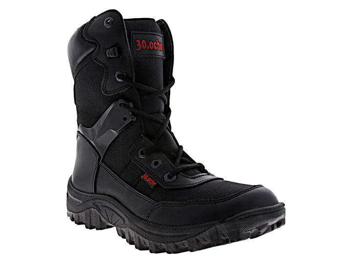 Bota Rombar color negro de caña alta con agujetas y suela robusta para actividades deportivas o tácticas.
