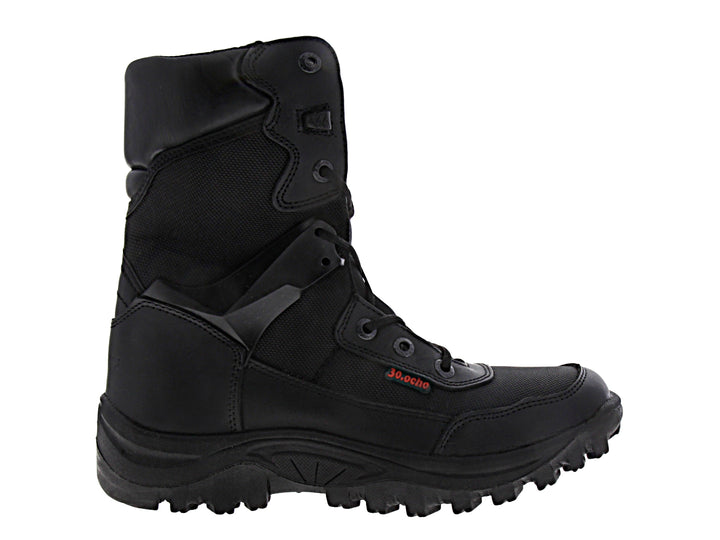 Bota Rombar color negro de caña alta con agujetas y suela robusta para actividades deportivas o tácticas.