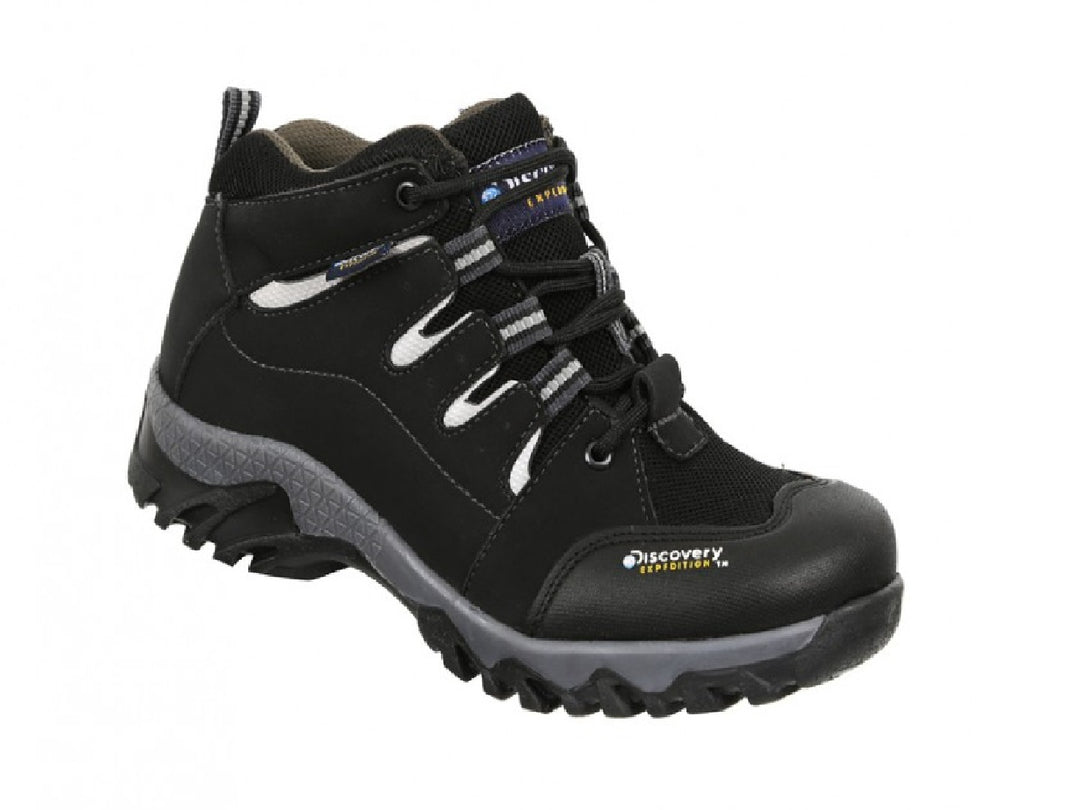 Botas Discovery Blackwood para niño en color negro con detalles en gris y suela rugosa.