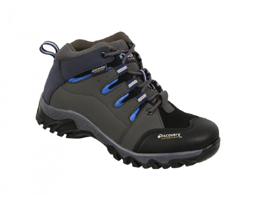 Botas Discovery Blackwood para niño en color gris con detalles en azul y suela negra robusta.