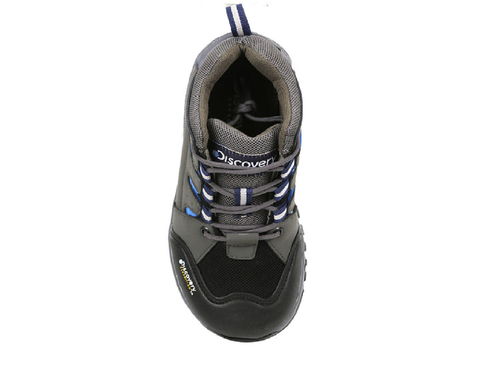 Botas Discovery Blackwood para niño en color gris con detalles en azul y suela negra robusta.