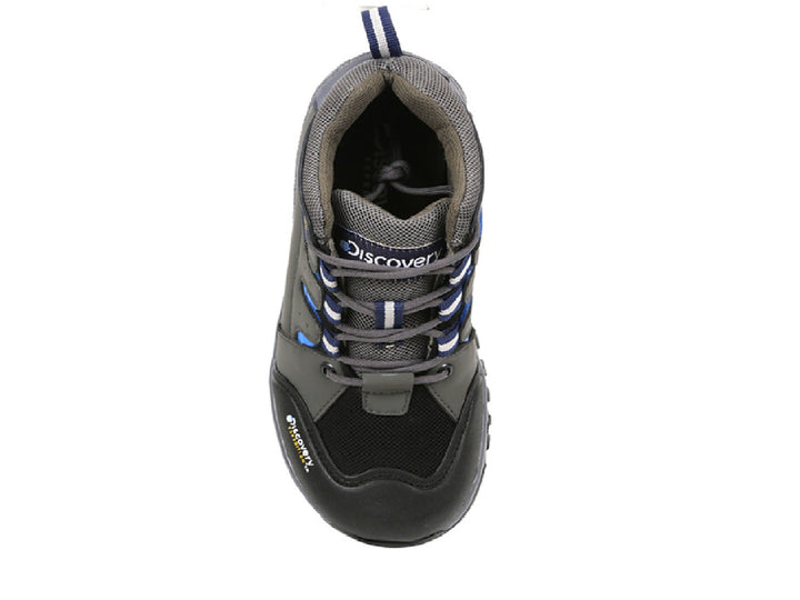 Botas Discovery Blackwood para niño en color gris con detalles en azul y suela negra robusta.