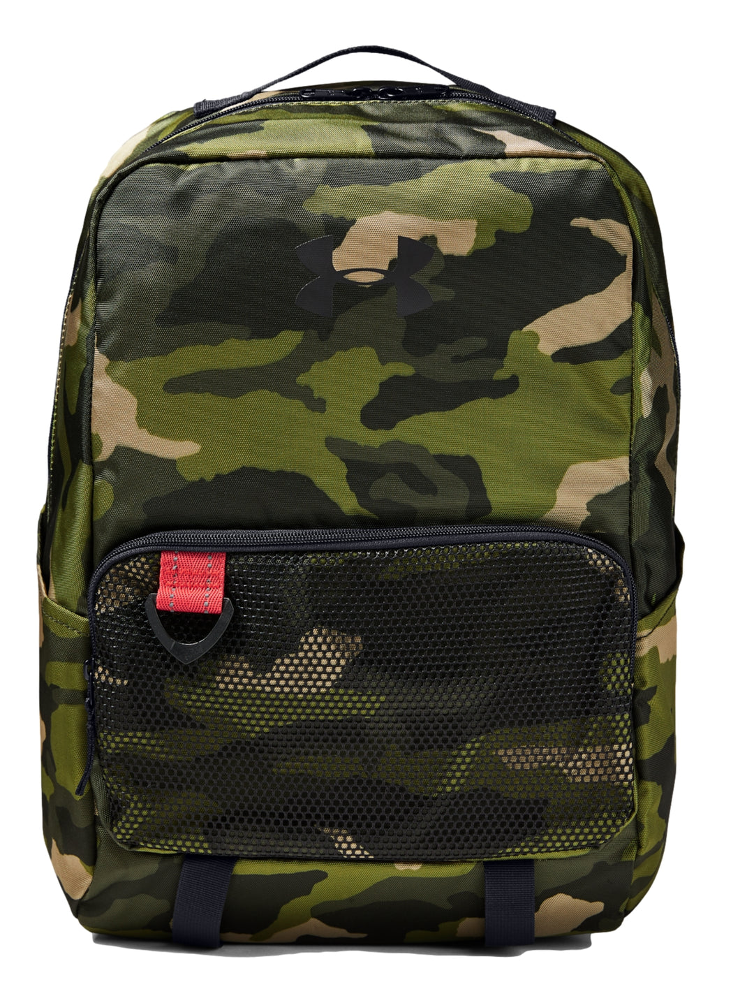 Mochila Under Armour para niño con estampado de camuflaje verde y negro y bolsillo frontal de malla.