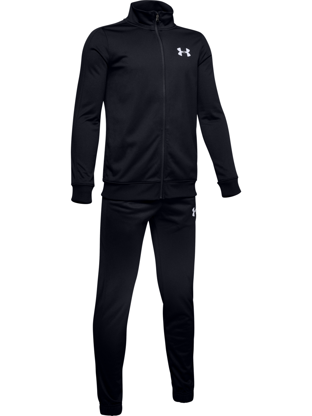 Conjunto deportivo Under Armour de color negro compuesto por chaqueta con cierre y pantalón.