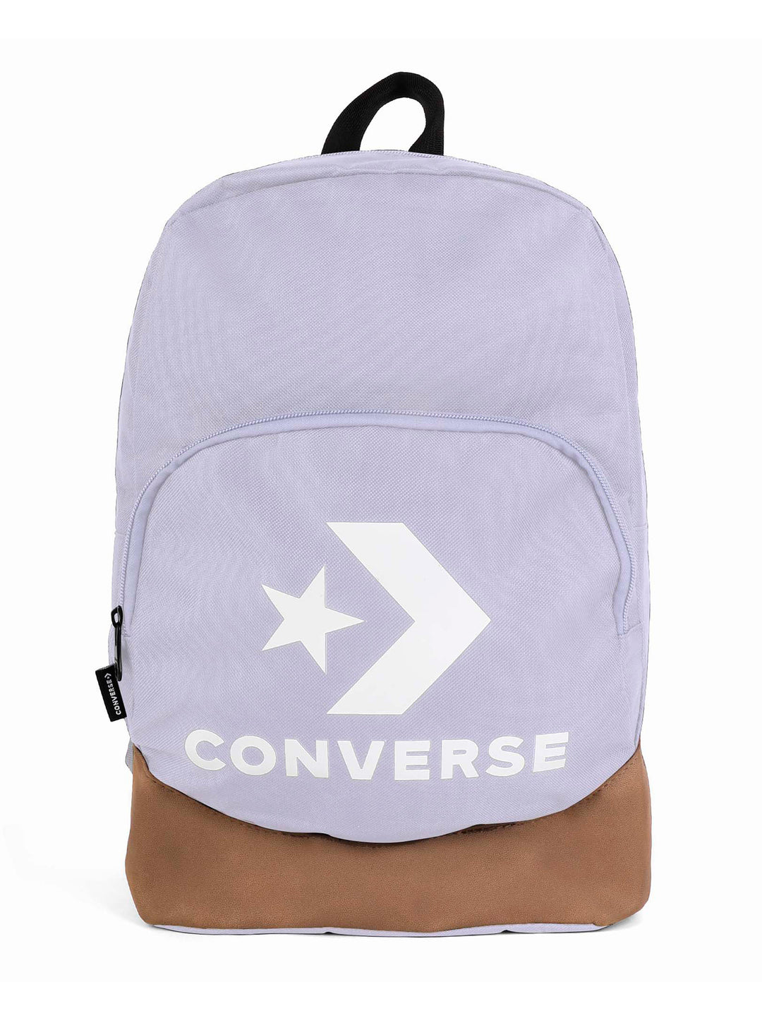 Mochila escolar Converse color lila con base marrón y logotipo blanco en el frente.