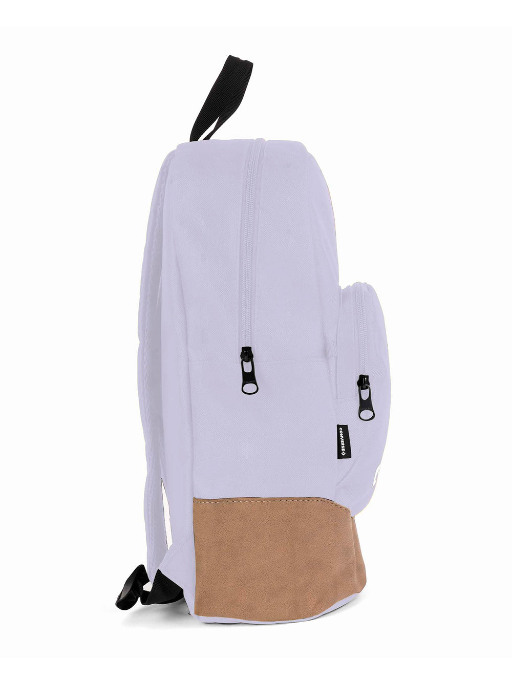 Mochila escolar Converse color lila con base marrón y logotipo blanco en el frente.