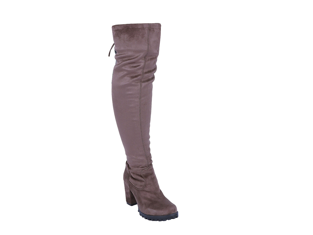Botas altas color carbón para mujer con tacón grueso y acabado mate.
