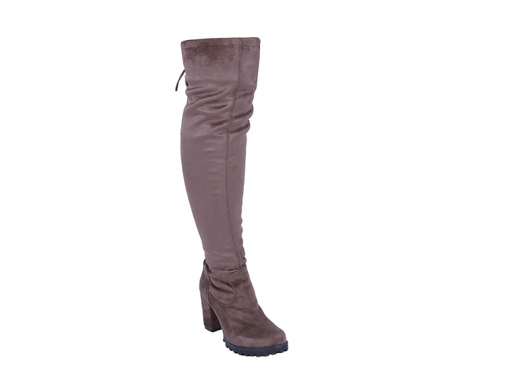 Botas altas color carbón para mujer con tacón grueso y acabado mate.