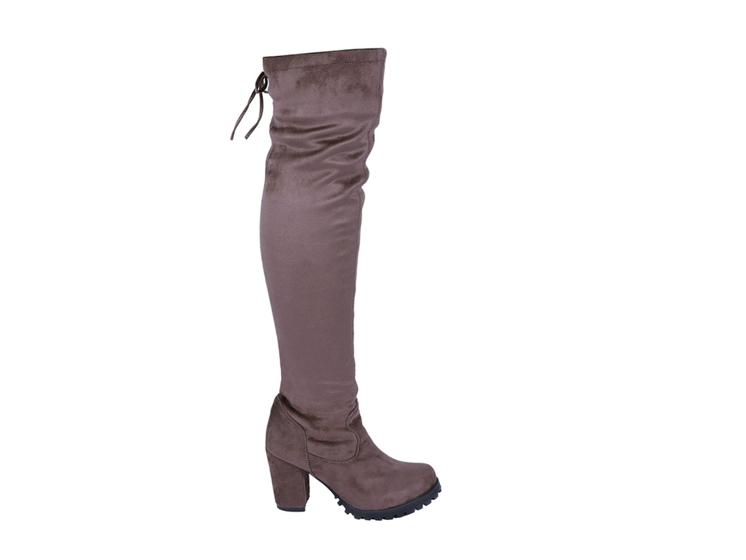 Botas altas color carbón para mujer con tacón grueso y acabado mate.