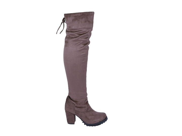 Botas altas color carbón para mujer con tacón grueso y acabado mate.