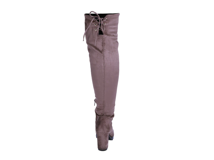 Botas altas color carbón para mujer con tacón grueso y acabado mate.
