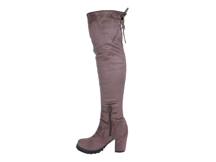 Botas altas color carbón para mujer con tacón grueso y acabado mate.